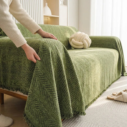 Housse de Canapé Chenova | Plaid-housse en chenille à motif chevrons et pompons