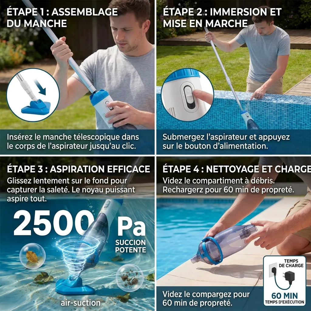 Aspirateur Piscine AquaVac™ | Robot piscine sans fil manuel avec perche télescopique 150 cm
