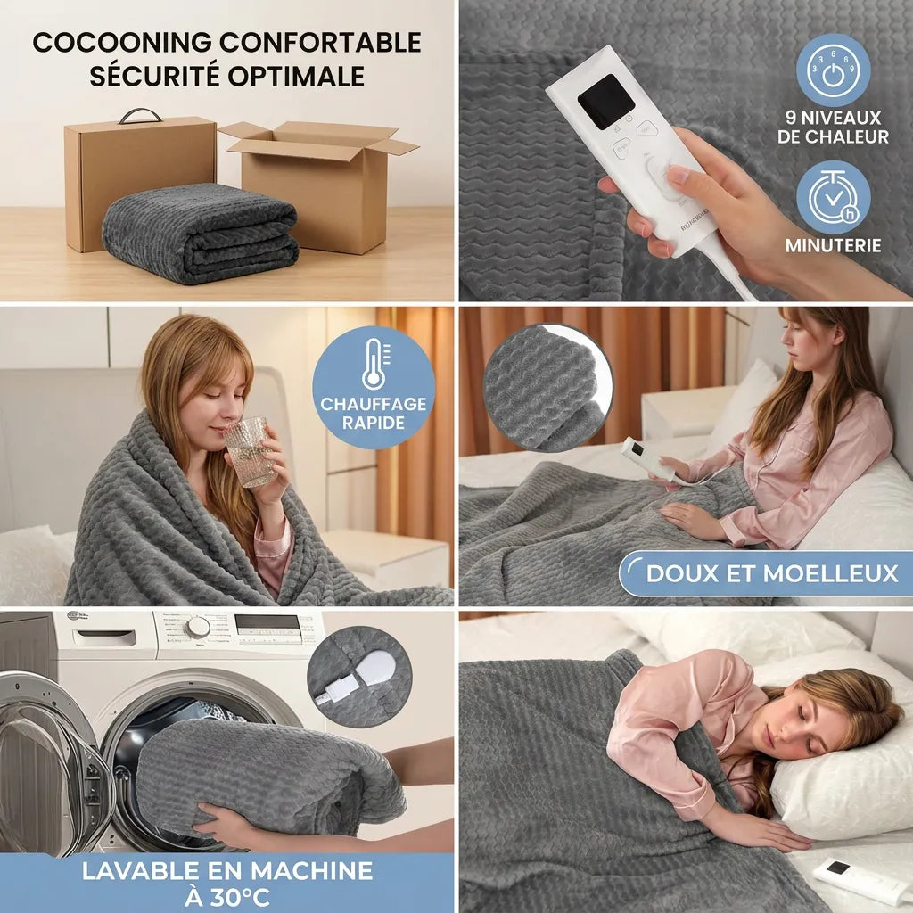 Couverture Chauffante Cocoona | Plaid chauffant électrique en flanelle 9 niveaux, 160 × 130 cm