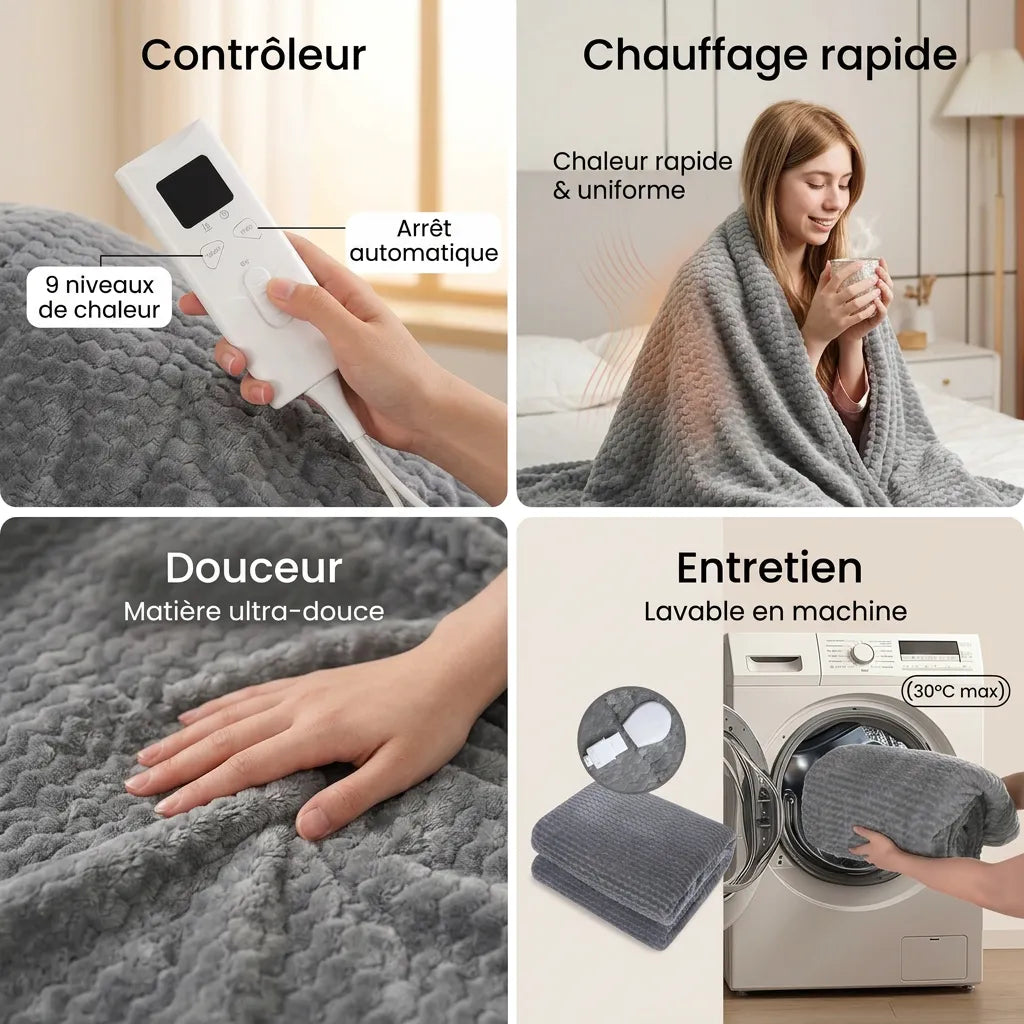 Couverture Chauffante Cocoona | Plaid chauffant électrique en flanelle 9 niveaux, 160 × 130 cm