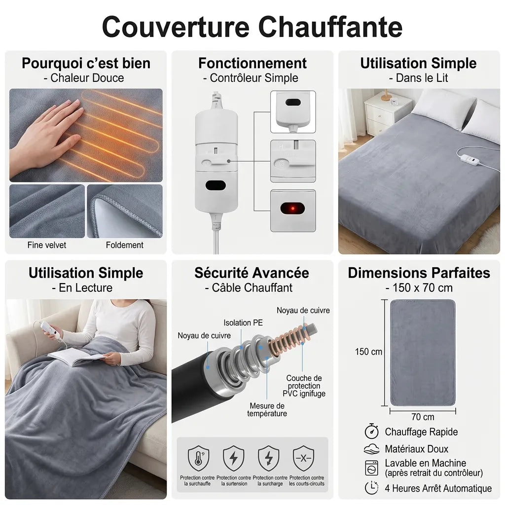 Couverture Chauffante Cocoona  | Chauffe-lit électrique double à thermostat automatique, 220 V