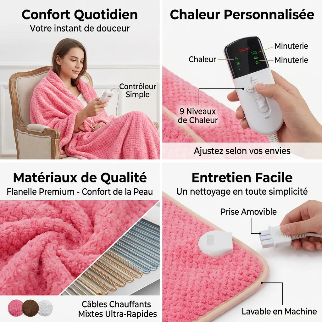 Couverture Chauffante Cocoona | Plaid chauffant électrique en flanelle double couche, minuterie, 150 × 80 cm