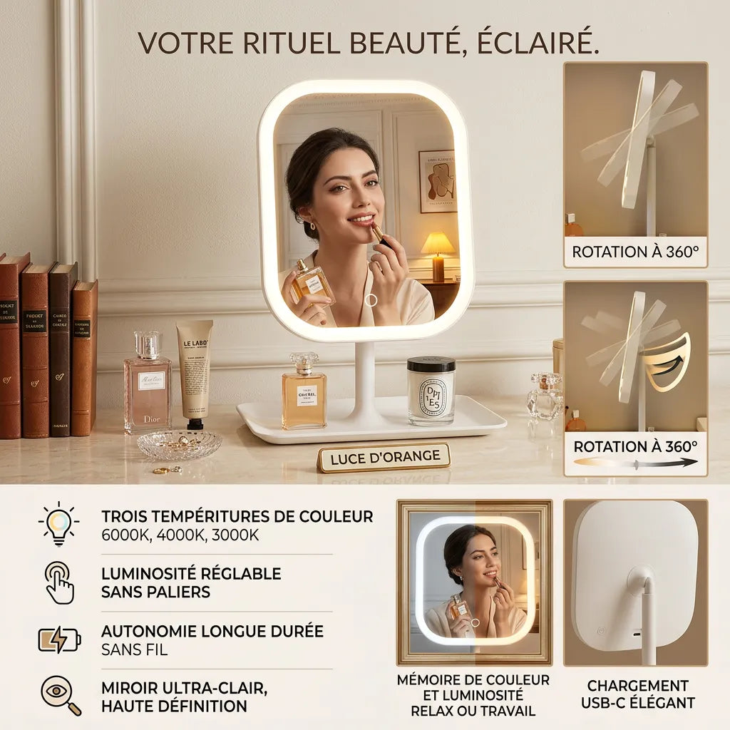 Miroir LED coiffeuse tactile rechargeable 3 couleurs