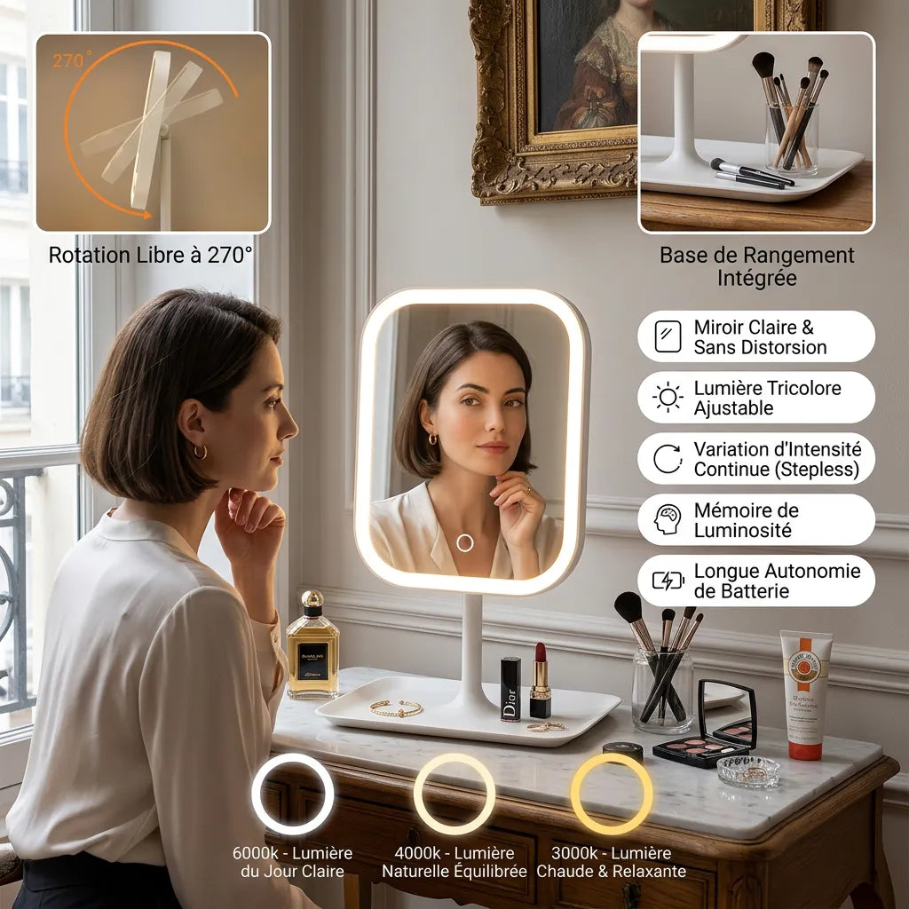 Miroir LED coiffeuse tactile rechargeable 3 couleurs