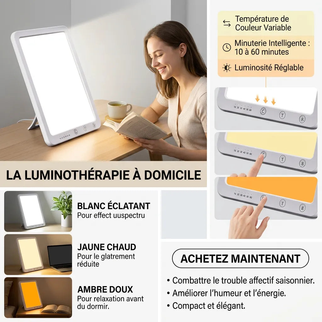 Lampe de Luminothérapie Soléa | Lampe LED portable 10 000 lux, 5 niveaux de luminosité et fonction mémoire
