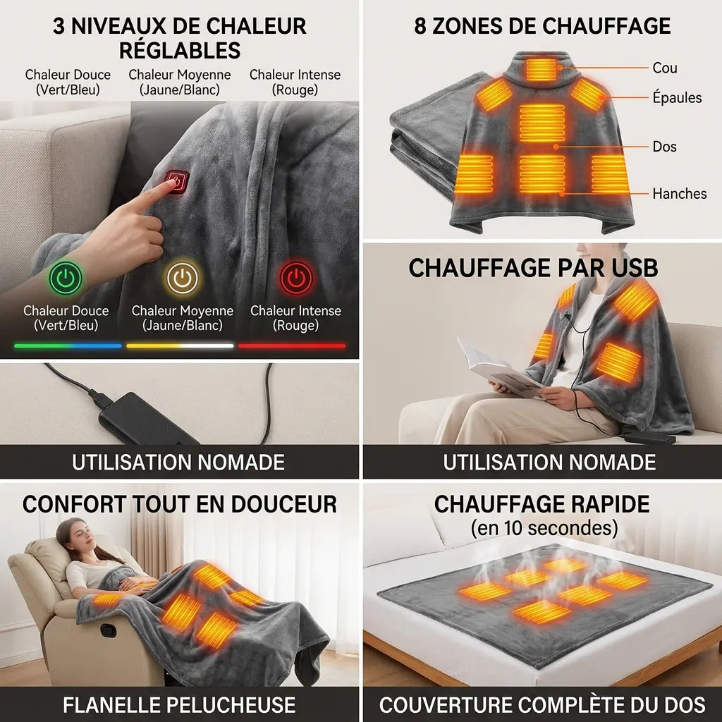 Châle Chauffant Cocoona USB | Couverture chauffante à porter, rechargeable, 3 niveaux de chaleur
