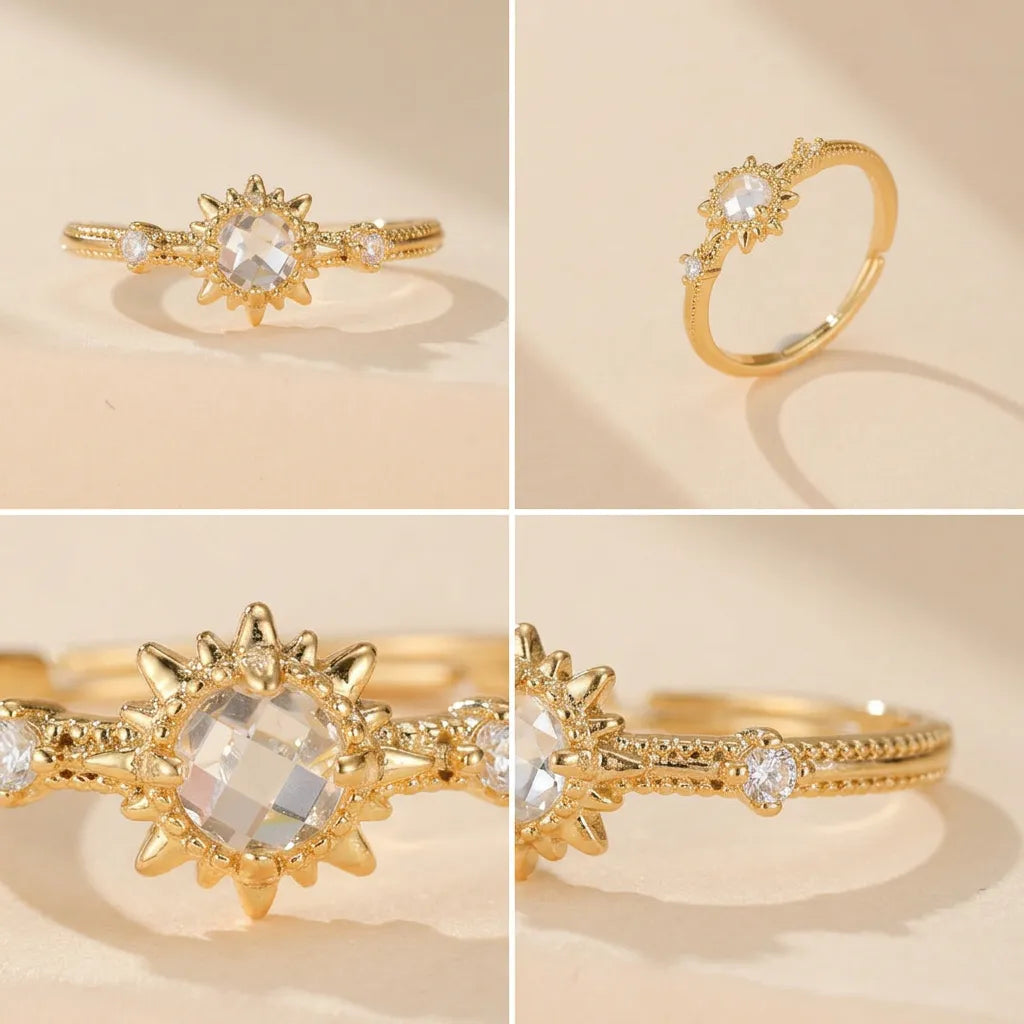 Bague Soleil | Bague femme fine en quartz clair et argent, taille ajustable