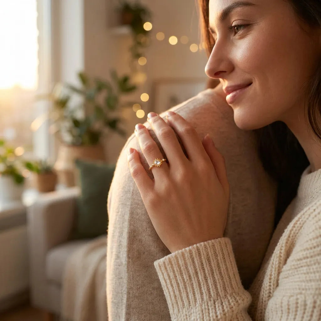 Bague Soleil | Bague femme fine en quartz clair et argent, taille ajustable