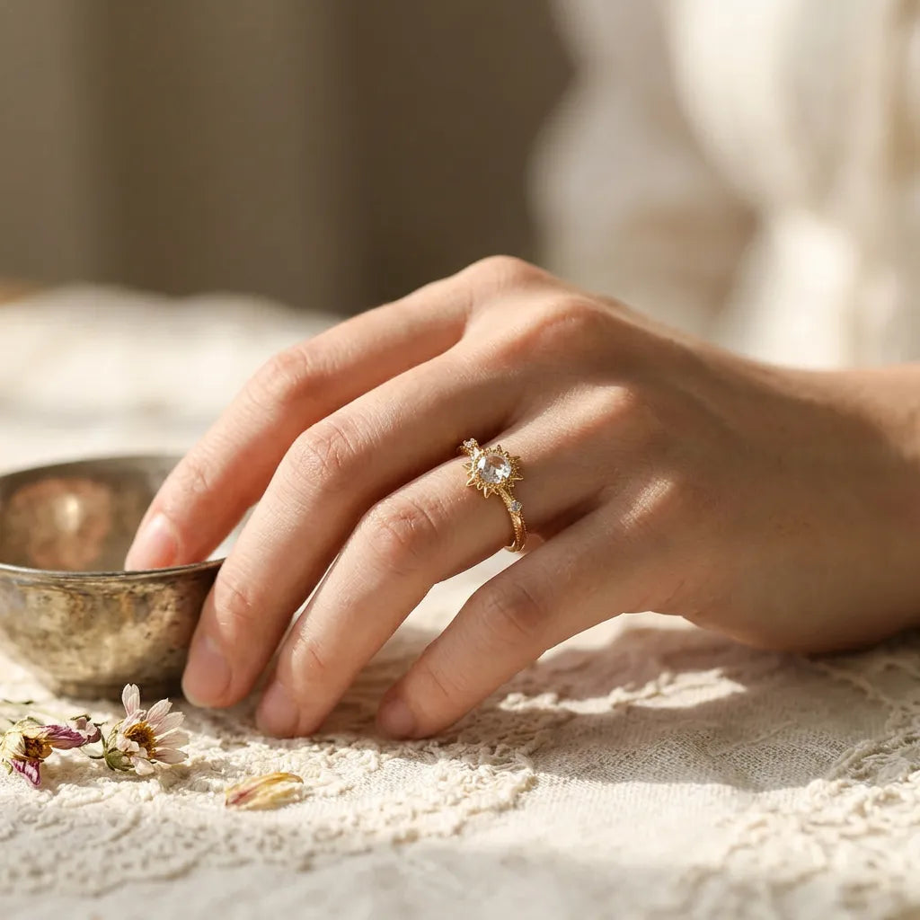 Bague Soleil | Bague femme fine en quartz clair et argent, taille ajustable