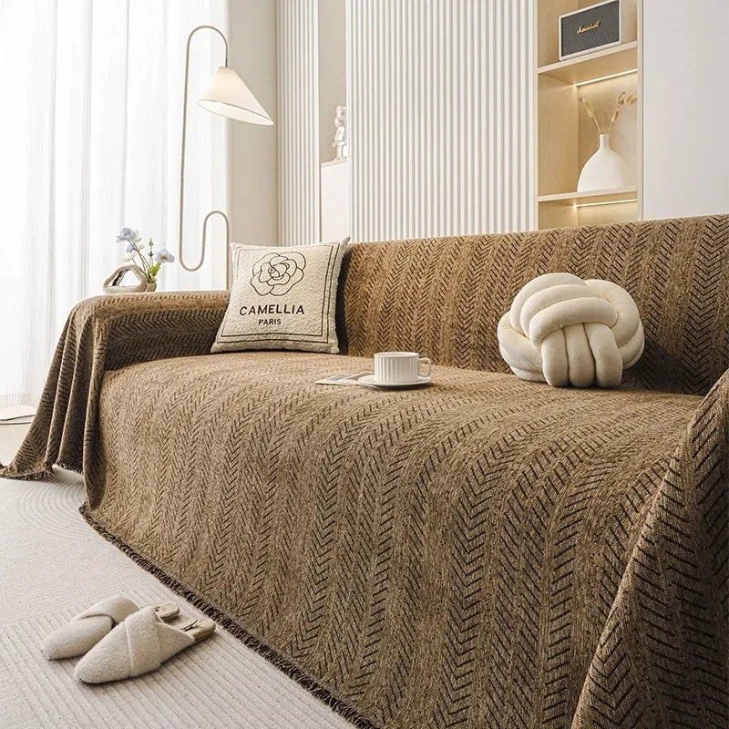 Housse de Canapé Chenova | Plaid-housse en chenille à motif chevrons et pompons