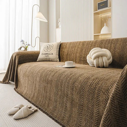 Housse de Canapé Chenova | Plaid-housse en chenille à motif chevrons et pompons