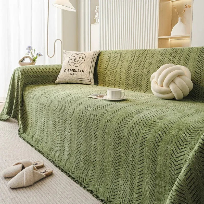 Housse de Canapé Chenova | Plaid-housse en chenille à motif chevrons et pompons