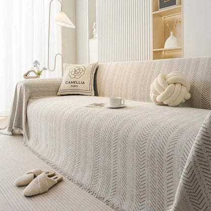 Housse de Canapé Chenova | Plaid-housse en chenille à motif chevrons et pompons