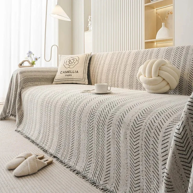 Housse de Canapé Chenova | Plaid-housse en chenille à motif chevrons et pompons