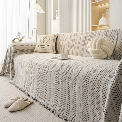 Housse de Canapé Chenova | Plaid-housse en chenille à motif chevrons et pompons