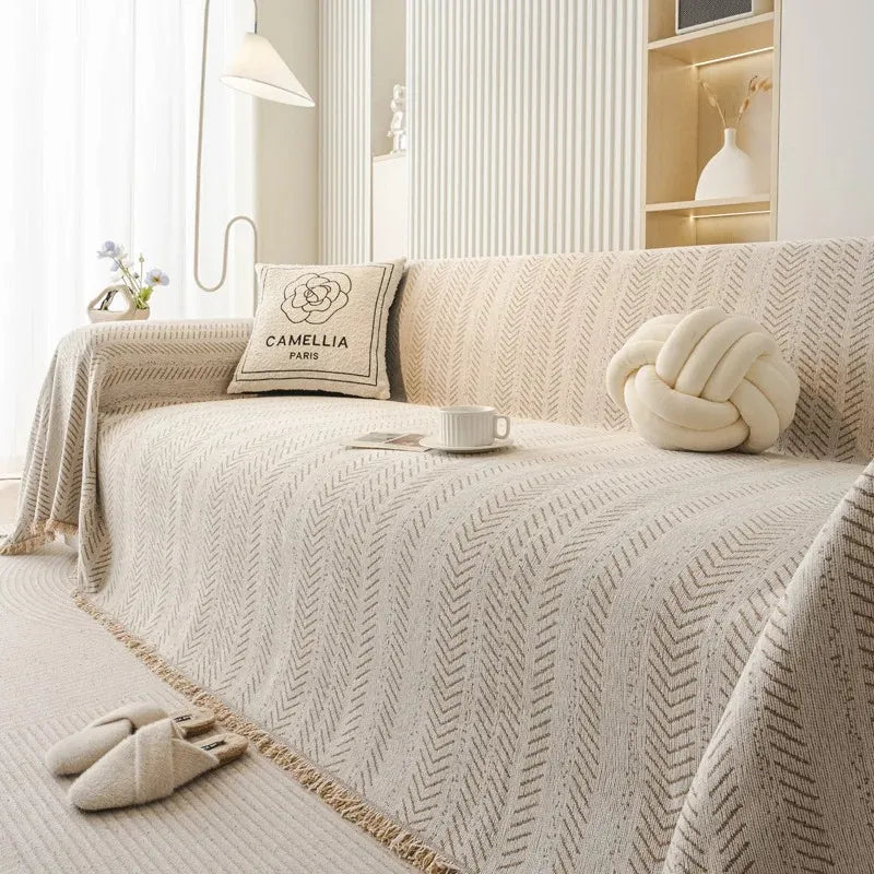 Housse de Canapé Chenova | Plaid-housse en chenille à motif chevrons et pompons