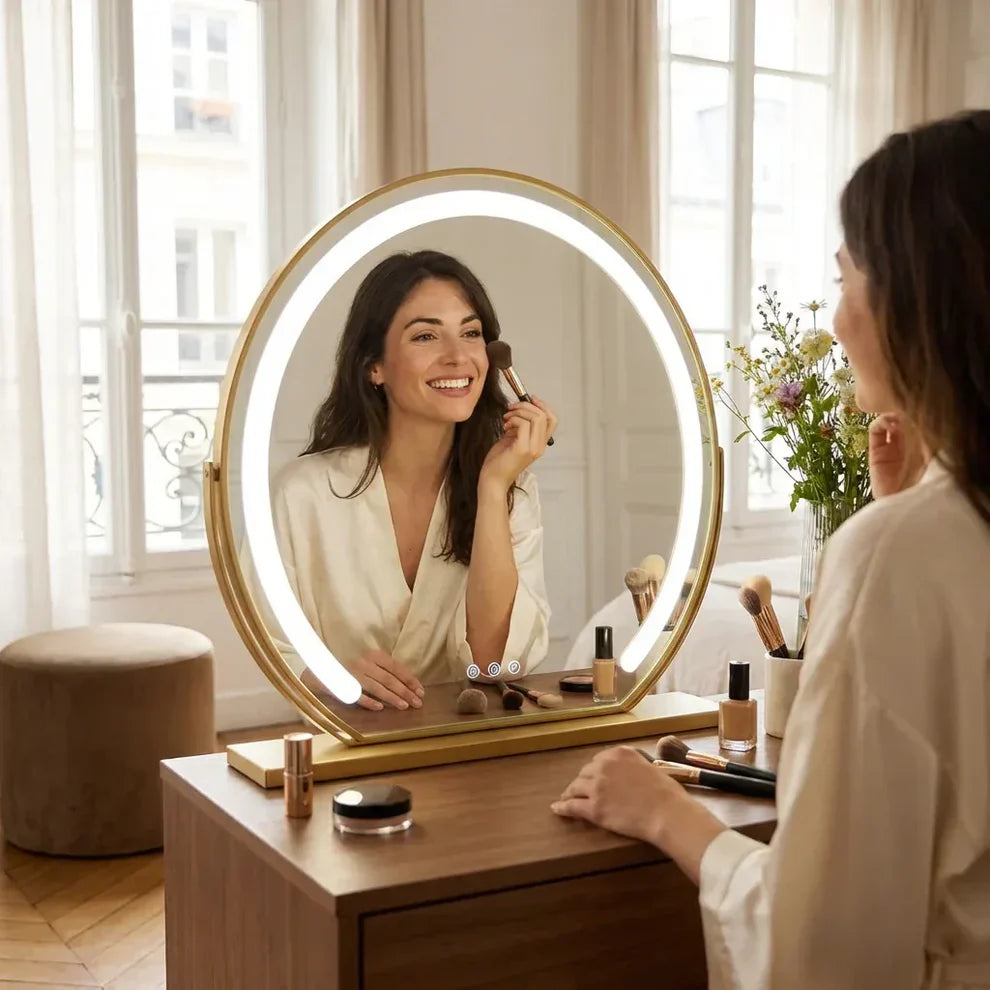 LUMINAPRO™ Éclat Doré | Élégant Miroir Maquillage LED pour les coiffeuses